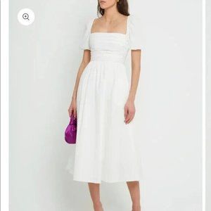 O.P.T Womens River Dress Puff Sleeve Pleated Square Neck Smocked Back White XL